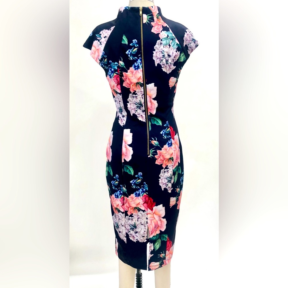 Neiman Marcus Floral V-Neck Midi Wiggle Pencil Coctail dress S - Picture 3 of 6